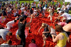 俄罗斯圣彼得堡举行趣味番茄大战 20吨番茄“满天飞”